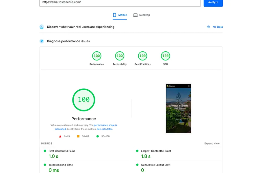Доклад PageSpeed Insights за мобилни, показващ 100 по Performance, Accessibility, Best Practices и SEO за сайта на Astro + Sanity